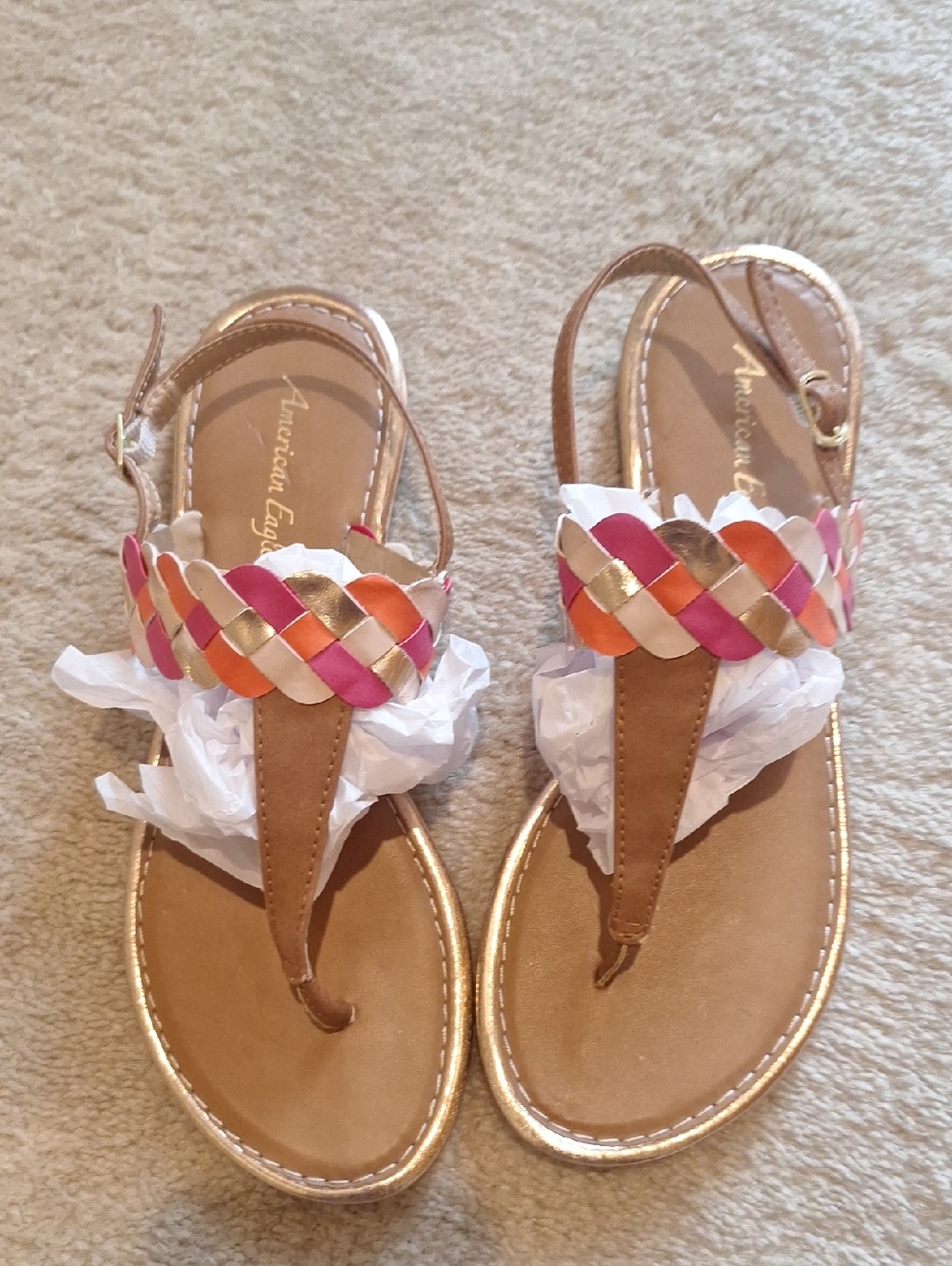 American Eagle Braided T-Strap Sandals in Tan with Pink, Orange & Gold Size M